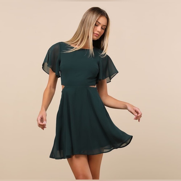 LULU’S Blissful Love Dark Green Cutout Mini Skater Dress - Picture 2 of 6